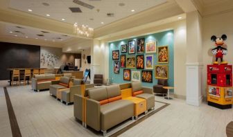 Lobby and coworking space at Sonesta Anaheim Resort Area.