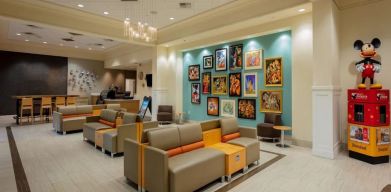 Lobby and coworking space at Sonesta Anaheim Resort Area.