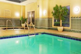 Sonesta Atlanta Airport South’s indoor pool has a hot tub nearby, potted plants by the side, and large windows.