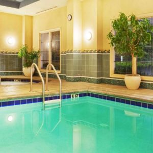 Sonesta Atlanta Airport South’s indoor pool has a hot tub nearby, potted plants by the side, and large windows.