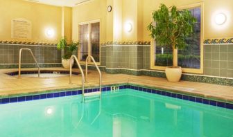 Sonesta Atlanta Airport South’s indoor pool has a hot tub nearby, potted plants by the side, and large windows.