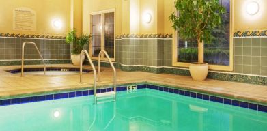 Sonesta Atlanta Airport South’s indoor pool has a hot tub nearby, potted plants by the side, and large windows.