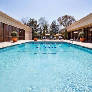 The hotel’s outdoor pool has potted plants by the side, in addition to shaded tables and chairs.