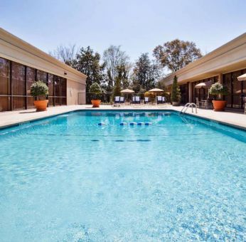 The hotel’s outdoor pool has potted plants by the side, in addition to shaded tables and chairs.