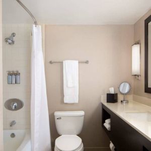 Guest bathroom in Sonesta San Jose, featuring bath with a shower, lavatory, and window and sink.