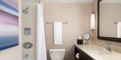 Guest bathroom in Sonesta San Jose, featuring bath with a shower, lavatory, and window and sink.