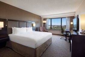 Double bed guest room Sonesta San Jose, with workspace desk and chair, armchair, TV, and window.