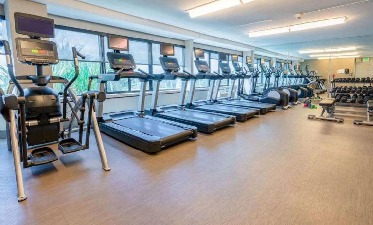 The fitness center in Sonesta San Jose is fully equipped with racks of free weights, benches, and assorted exercise machines including treadmills and ellipticals.