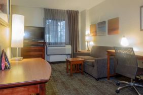 Guest room living area in Sonesta ES Suites Anaheim Resort Area, furnished with sofa and television, plus a workspace desk and chair.