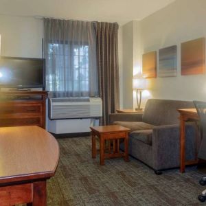 Guest room living area in Sonesta ES Suites Anaheim Resort Area, furnished with sofa and television, plus a workspace desk and chair.