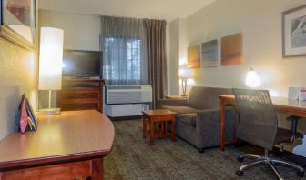 Guest room living area in Sonesta ES Suites Anaheim Resort Area, furnished with sofa and television, plus a workspace desk and chair.