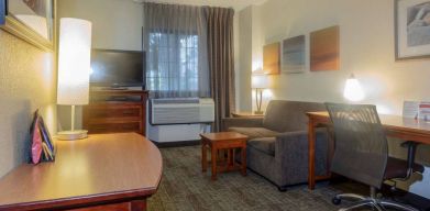 Guest room living area in Sonesta ES Suites Anaheim Resort Area, furnished with sofa and television, plus a workspace desk and chair.