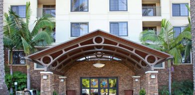 The hotel's exterior features a covered entrance, with potted plants and large trees and other greenery to either side.