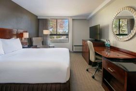 Sonesta Charlotte Executive Park double bed guest room, featuring window, armchair, workspace desk and chair, and TV.