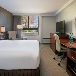 Sonesta Charlotte Executive Park double bed guest room, featuring window, armchair, workspace desk and chair, and TV.