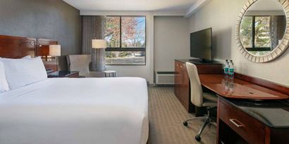 Sonesta Charlotte Executive Park double bed guest room, featuring window, armchair, workspace desk and chair, and TV.