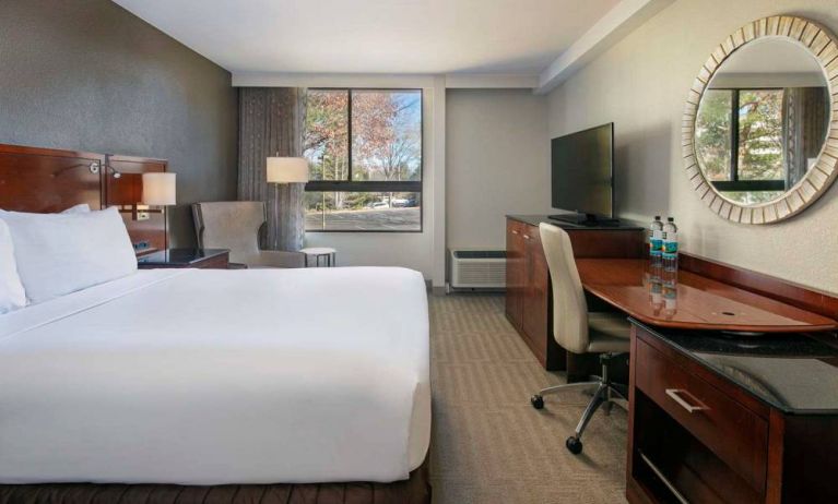 Sonesta Charlotte Executive Park double bed guest room, featuring window, armchair, workspace desk and chair, and TV.