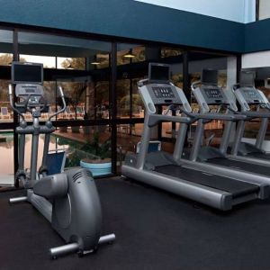 The fitness center at Sonesta Charlotte Executive Park has assorted exercise machines, and large windows that overlook the pool.