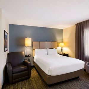 Sonesta Simply Suites St Louis Earth City double bed guest room, featuring armchair, window, and ensuite bathroom.