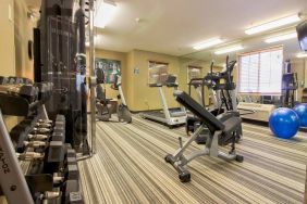 Sonesta Simply Suites St Louis Earth City’s fitness center has rows of free weights, gym balls, a TV, and assorted types of exercise machinery.