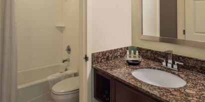 Sonesta Chicago O'Hare Airport Rosemont guest bathroom, furnished with shower and bath, lavatory, and sink.