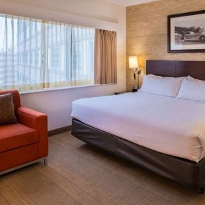 Double bed guest room in Sonesta Chicago O'Hare Airport Rosemont, including window, bedside light, and an armchair.