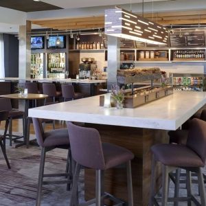 Bar and coworking space at Sonesta Select Milwaukee Brookfield.