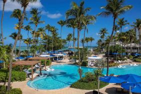 Royal Sonesta San Juan’s outdoor pool features sun loungers by the side and in shallow water, with towering palm trees all around.