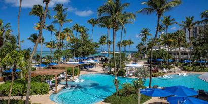 Royal Sonesta San Juan’s outdoor pool features sun loungers by the side and in shallow water, with towering palm trees all around.