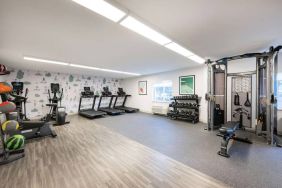 Sonesta Simply Suites Jersey City’s fitness center is equipped with free weights, a variety of exercise machines, gym balls, and art on the walls.