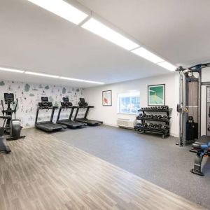 Sonesta Simply Suites Jersey City’s fitness center is equipped with free weights, a variety of exercise machines, gym balls, and art on the walls.