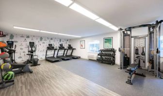 Sonesta Simply Suites Jersey City’s fitness center is equipped with free weights, a variety of exercise machines, gym balls, and art on the walls.