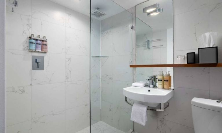 Guest bathroom in Nautilus by Sonesta, including shower, sink, mirror, and lavatory.