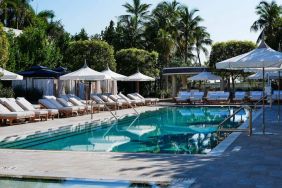 Nautilus by Sonesta’s outdoor pool has sun loungers (with shade available) by the side, and palm trees looming in the background.