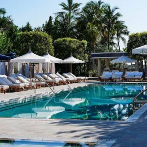 Nautilus by Sonesta’s outdoor pool has sun loungers (with shade available) by the side, and palm trees looming in the background.