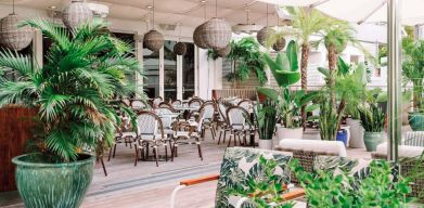 The hotel offers outdoor dining, with an abundance of plant life around the tables for four.