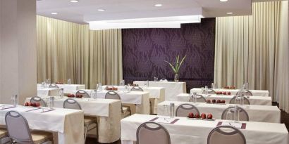 The Shelburne Sonesta New York meeting room with tables arranged in a classroom style facing a head table and space for over a dozen attendees.