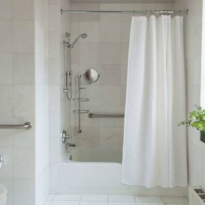 Guest bathroom in The Benjamin Royal Sonesta New York, featuring bath, shower, lavatory, and a small potted plant.