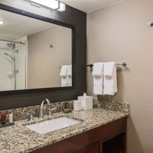 Sonesta Nashville Airport guest bathroom, with shower, sink, and mirror.