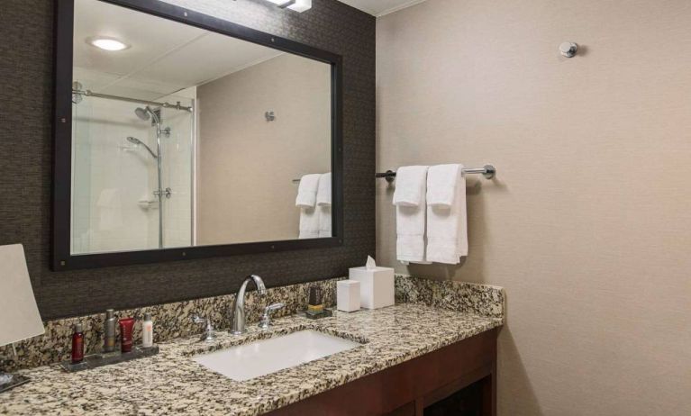 Sonesta Nashville Airport guest bathroom, with shower, sink, and mirror.