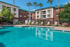 The hotel’s outdoor pool has loungers, as well as a table and chairs, by the side, plus towering trees beyond the fence.