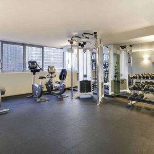 Royal Sonesta Chicago Downtown’s fitness center is equipped with free weights and assorted exercise machines, and has a mirrored wall and city views.