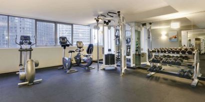 Royal Sonesta Chicago Downtown’s fitness center is equipped with free weights and assorted exercise machines, and has a mirrored wall and city views.