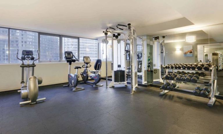 Royal Sonesta Chicago Downtown’s fitness center is equipped with free weights and assorted exercise machines, and has a mirrored wall and city views.