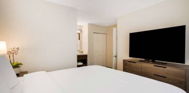 Sonesta ES Suites Denver South - Park Meadows double bed guest room, including bedside lamp and large TV.