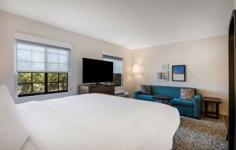 Sonesta ES Suites Denver South - Park Meadows double bed guest room, featuring sofa, widescreen TV, and two windows.