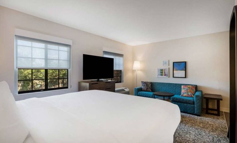 Sonesta ES Suites Denver South - Park Meadows double bed guest room, featuring sofa, widescreen TV, and two windows.