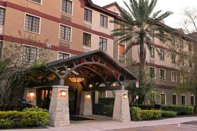 The hotel’s exterior features a covered entrance beside which there’s extensive greenery, including a towering palm tree.