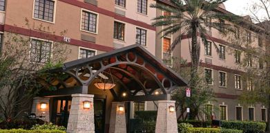 The hotel’s exterior features a covered entrance beside which there’s extensive greenery, including a towering palm tree.