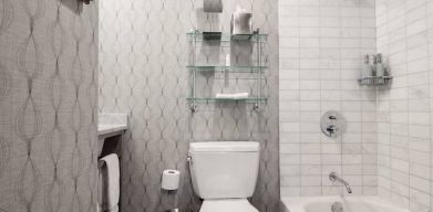 Guest bathroom in The Allegro Royal Sonesta Hotel Chicago Loop, featuring bath and shower, and a lavatory.